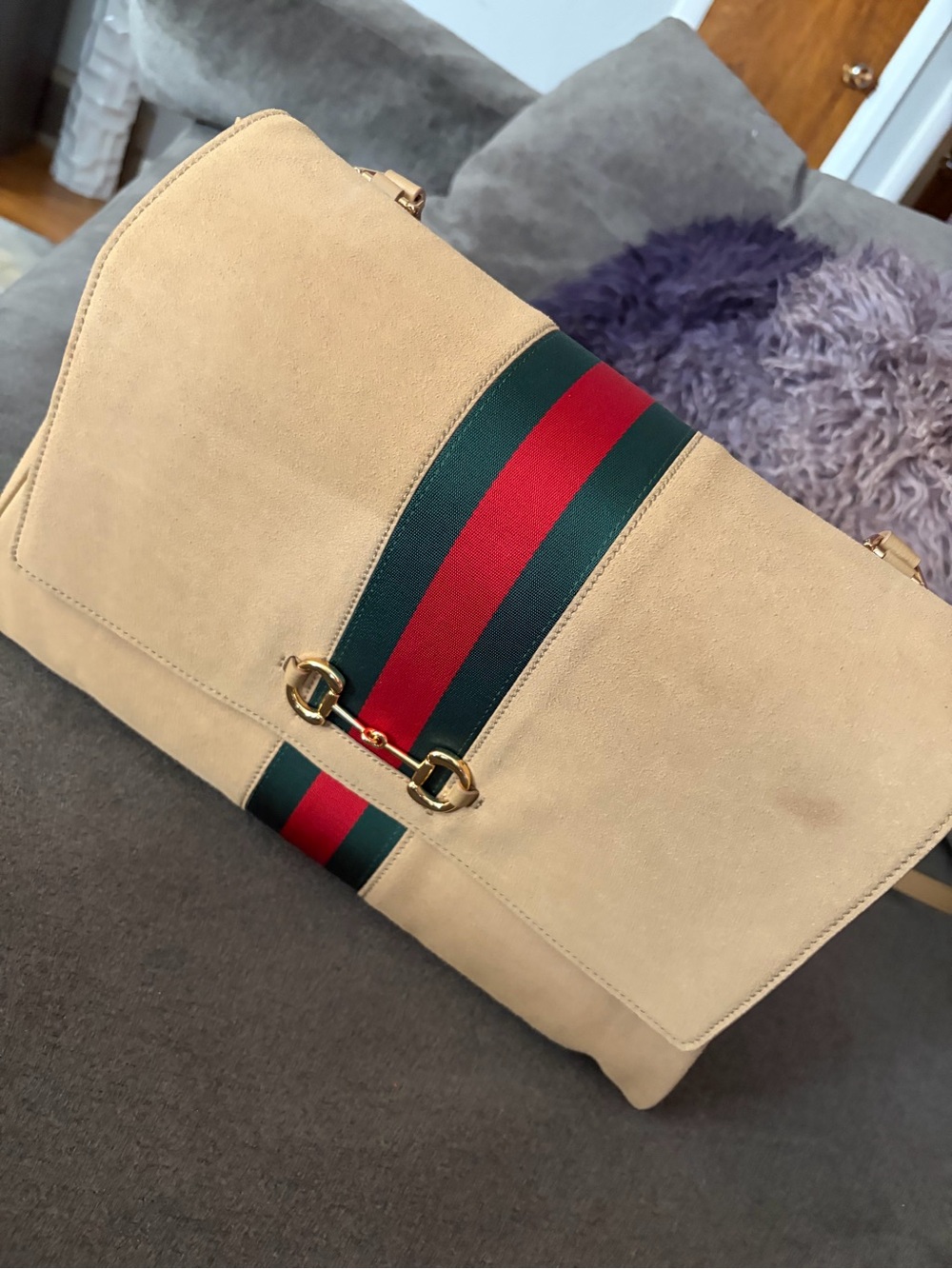 Gucci Beige Suede Shoulder Bag with Red and Green Web Stripe